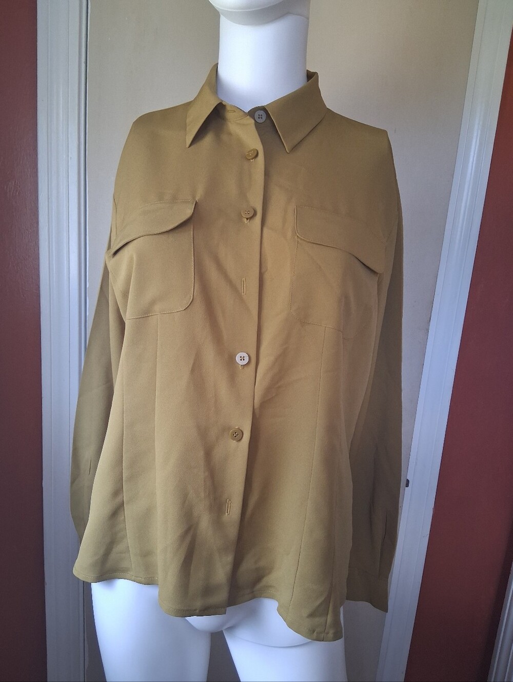 Chaus Olive-Green Button Down Shirt with Patch Pockets